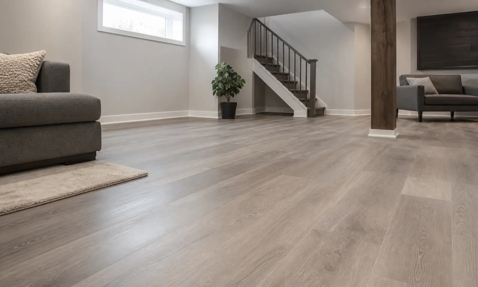 Grey wood-look luxury vinyl plank floor installed in a finished basement living area