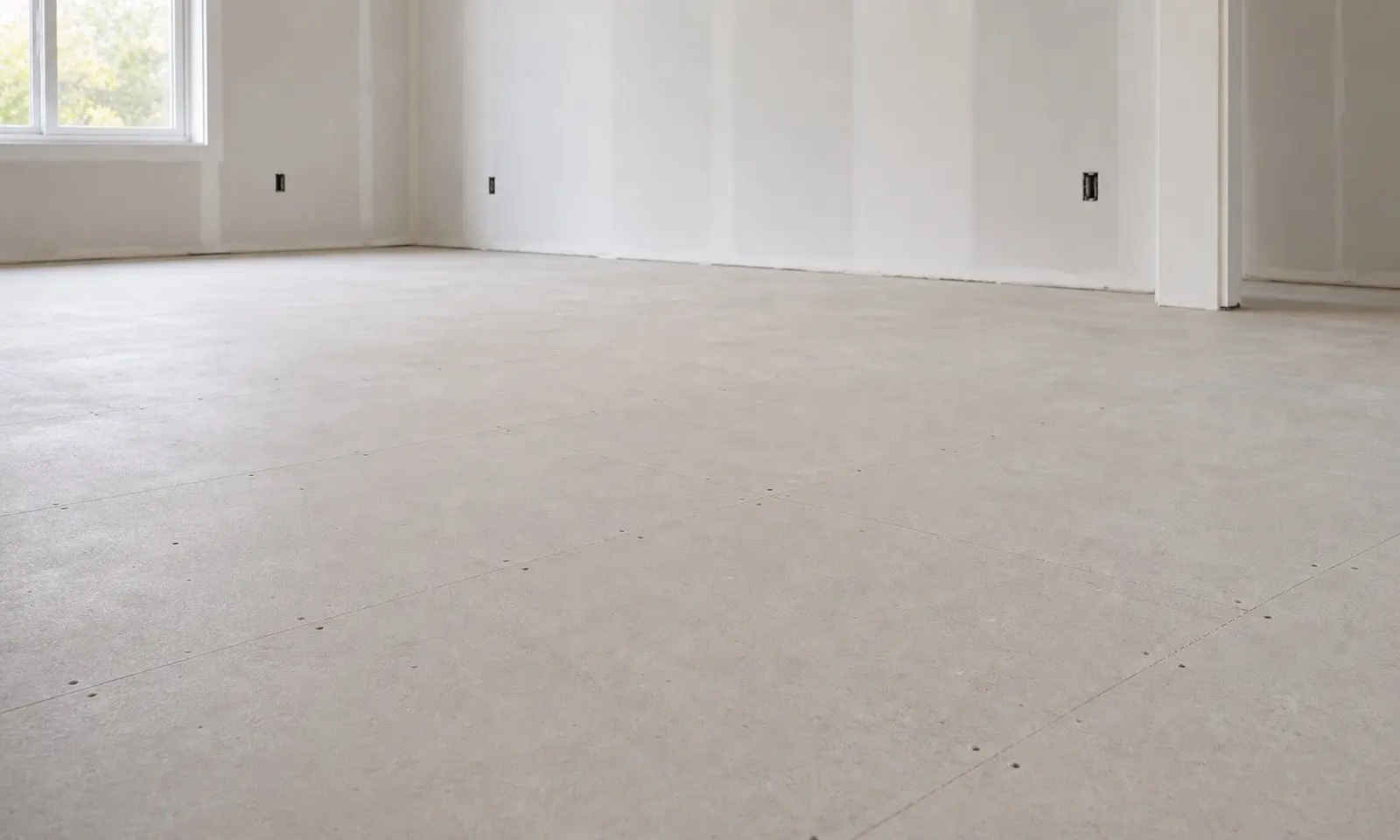 Levelled and prepared subfloor in an empty room before flooring installation