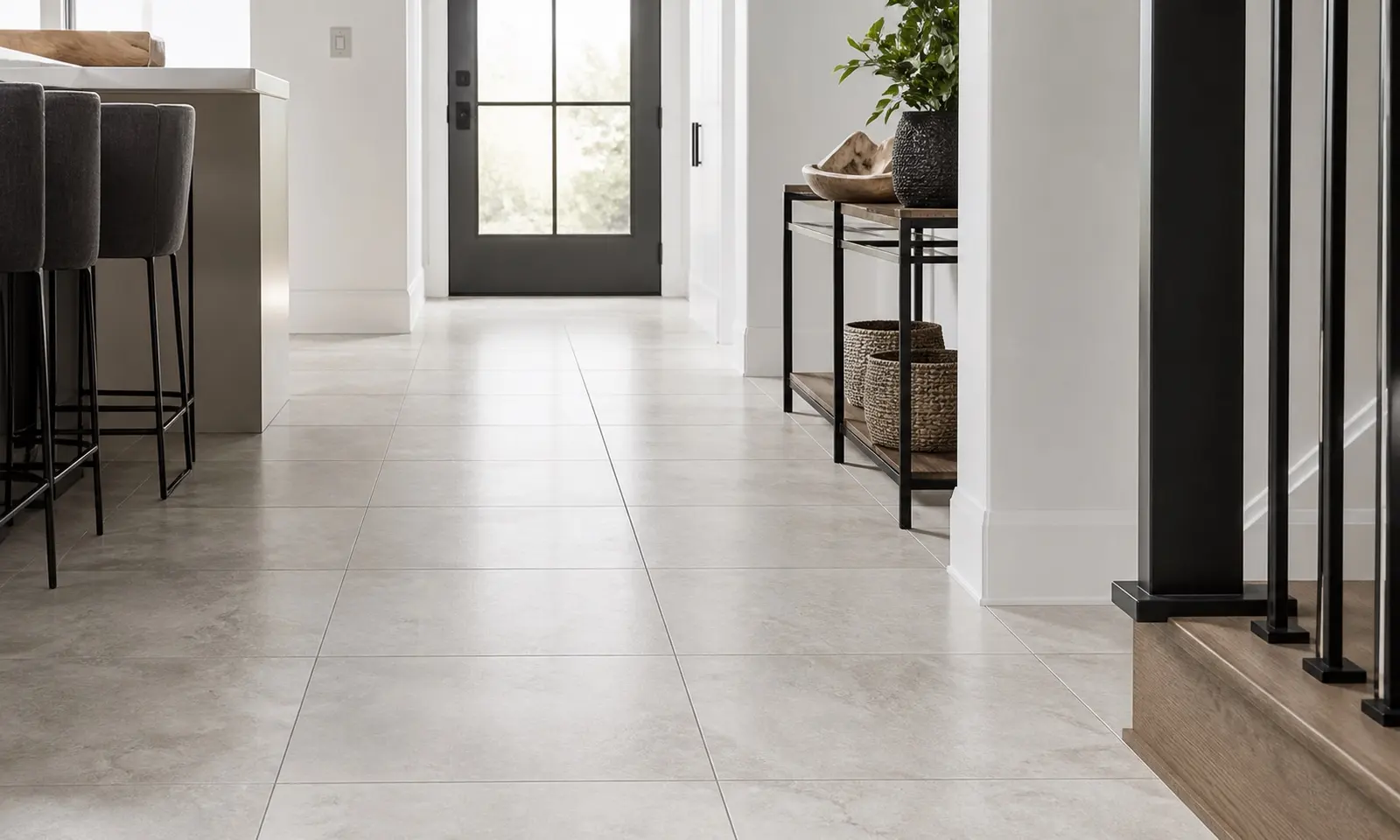 Large format light porcelain tile floor installed through a kitchen and hallway